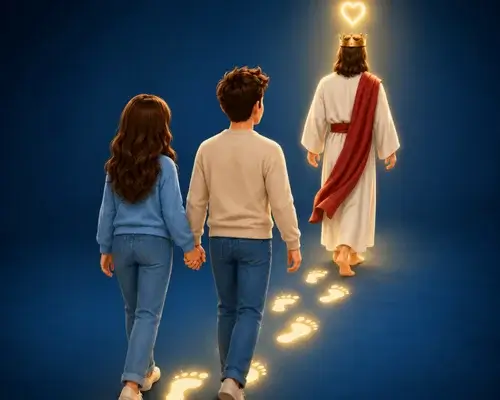 Matrimonio caminando tomado de la mano siguiendo a Cristo