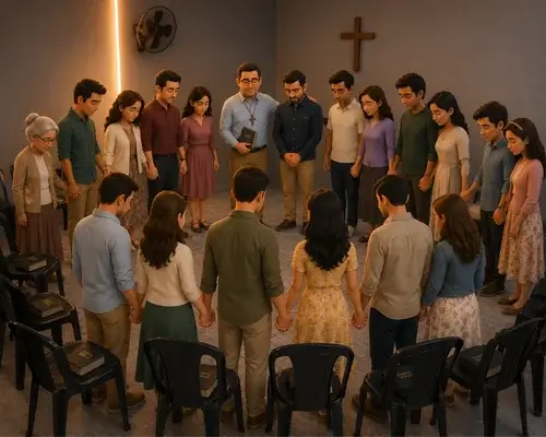 Parejas cristianas tomadas de la mano orando en círculo