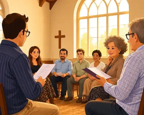 Líder dirigiendo un encuentro de matrimonios cristianos en la iglesia