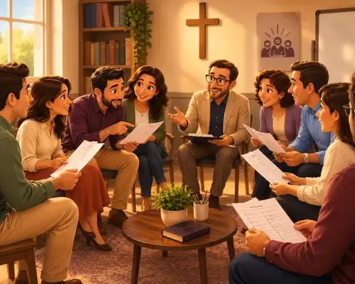 Grupo de matrimonios conversando con hojas de dinámicas