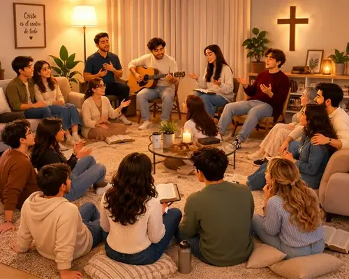 Célula de parejas cristianas en una casa con música y Biblia