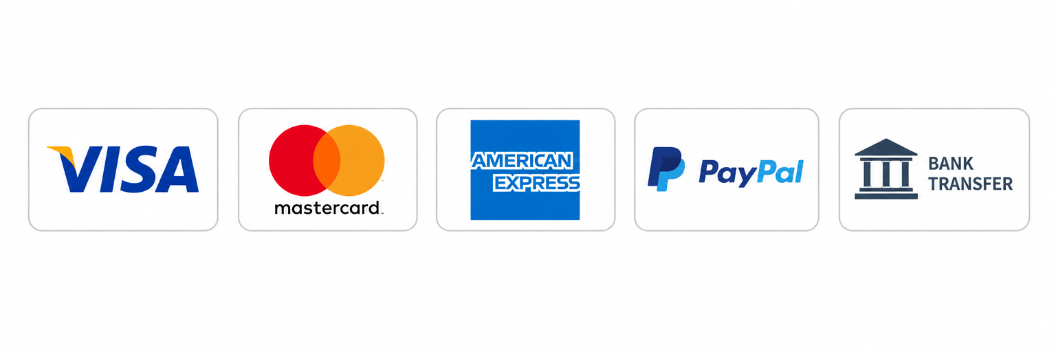 Métodos de pago aceptados: Visa, Mastercard, American Express, PayPal y transferencia bancaria